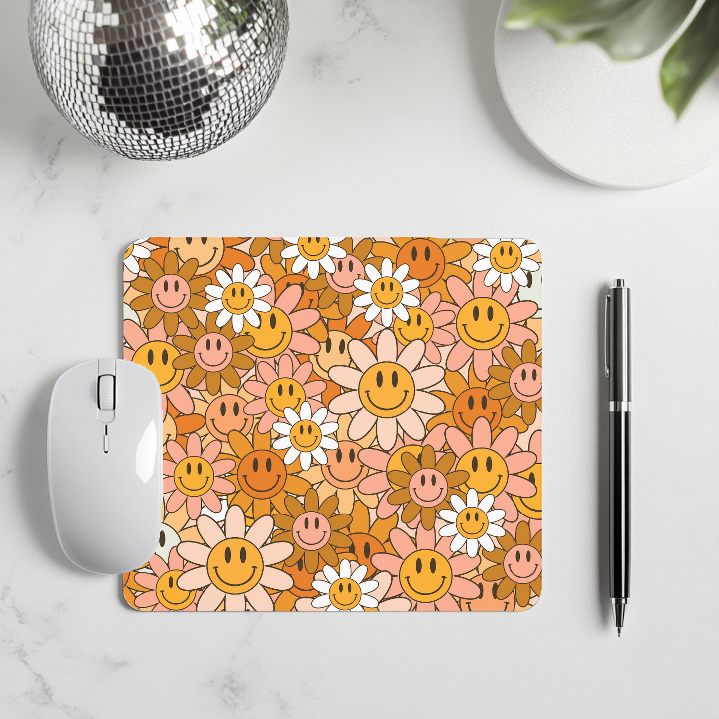Retro Flower Smiley Mouse Pad