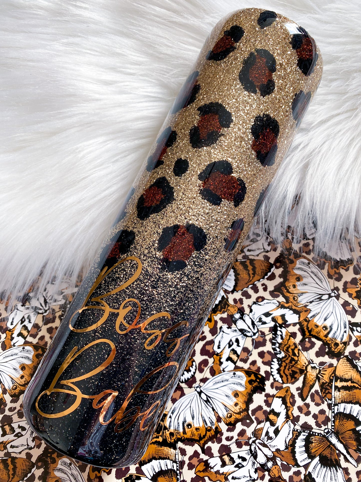 Black & Gold Ombré Cheetah Print Glitter Tumbler