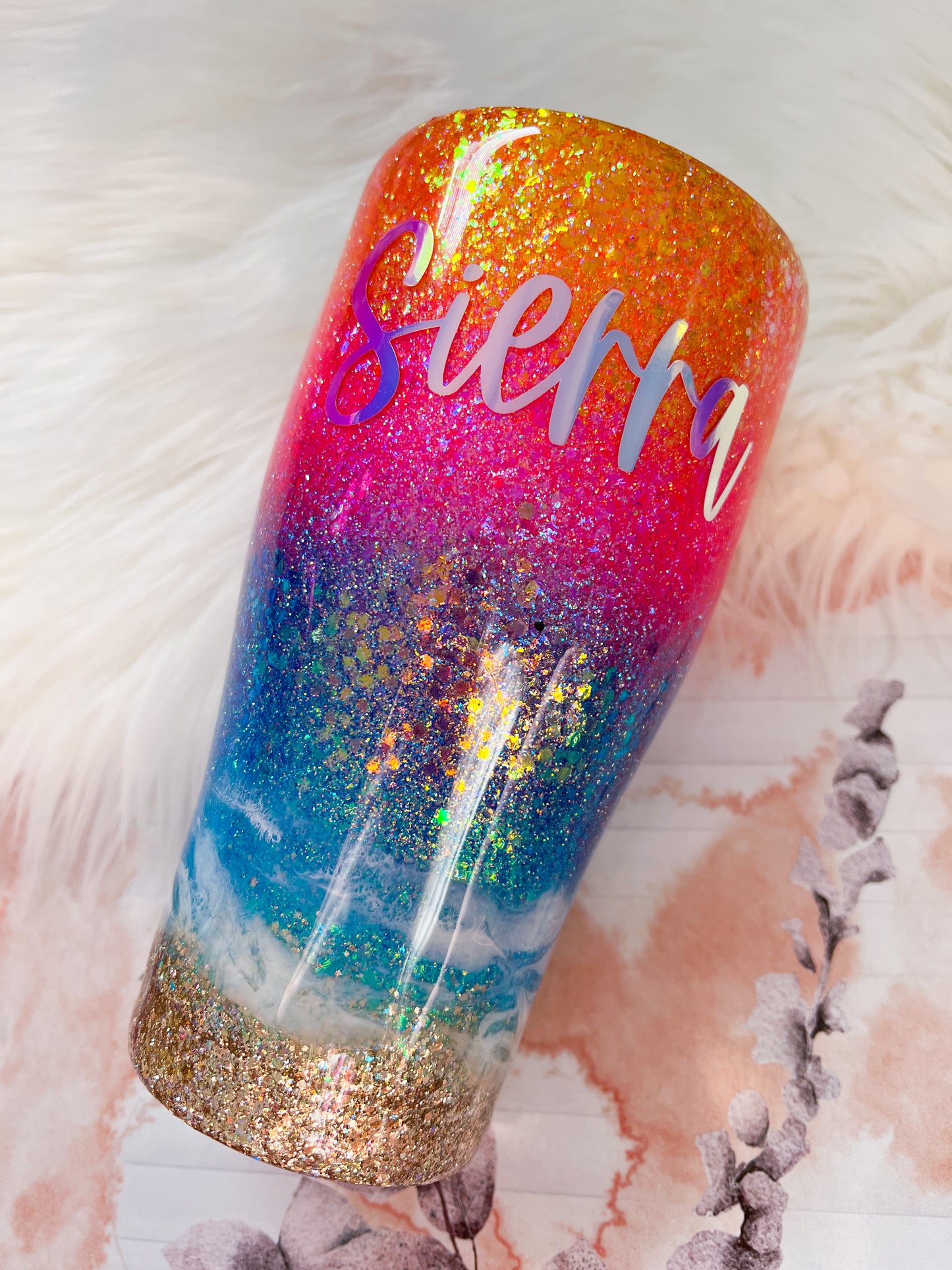 Sunset Beach Glitter Tumbler